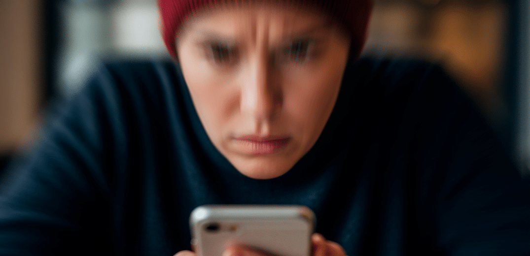 Usuário olhando para o celular com expressão desconfiada/preocupada.