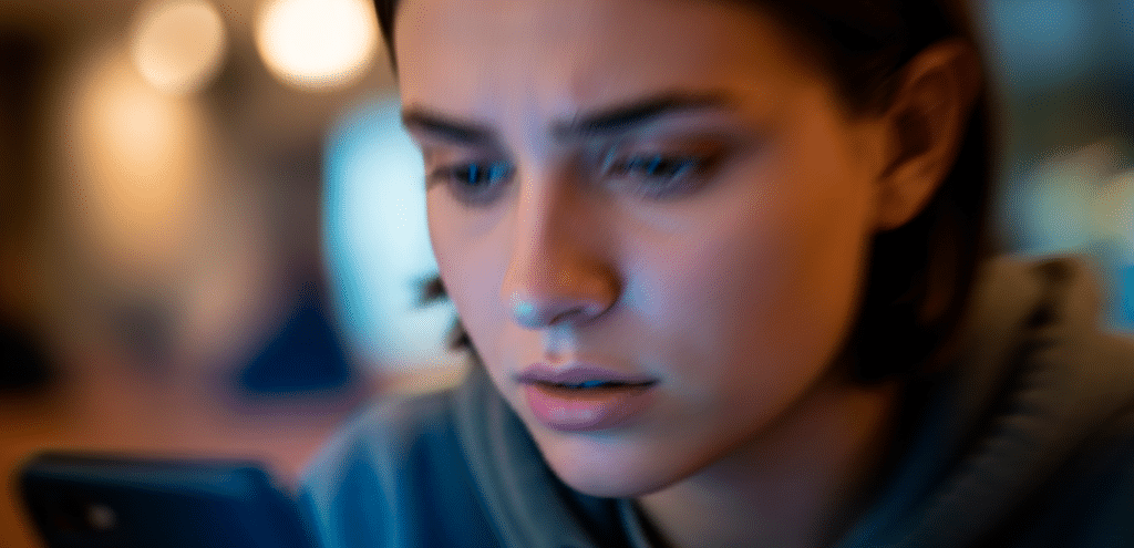 Um usuário olhando para o celular com expressão de dúvida ou preocupação, enquanto uma notificação de SMS