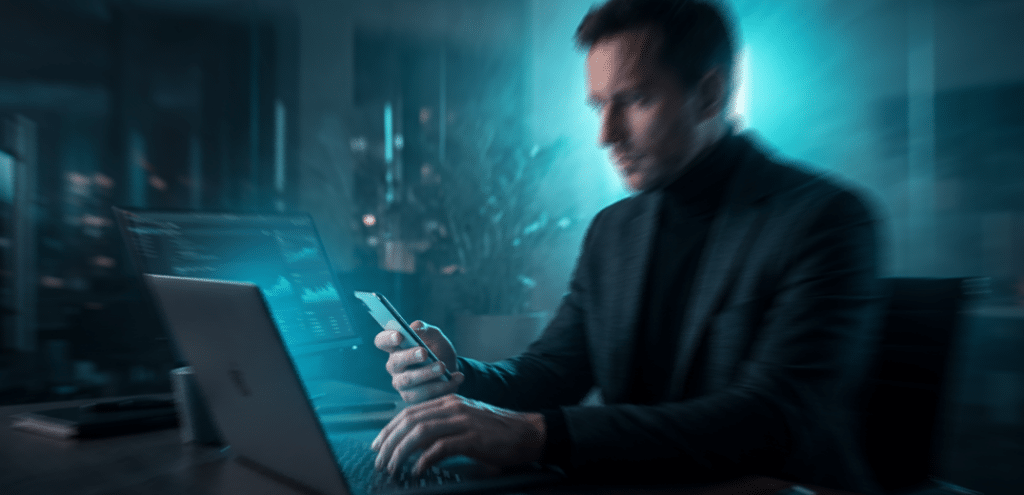 pessoa olhando o celular e o notebook ao mesmo tempo